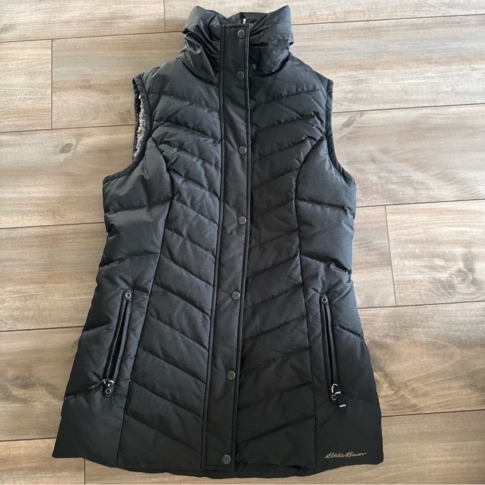 Eddie Bauer Goose Down Vest Black Fur Lined Size M Black Ladies
